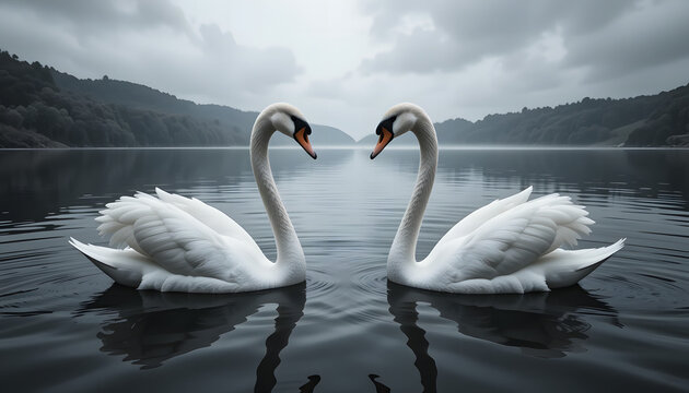 Black and white swans in heart shape on serene lake reflecting tranquility and harmony, Close-up - Powered by Adobe