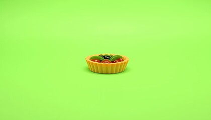A delightful mini tomato tart with basil and olives, isolated on a vibrant green background. This pixel art style 3D rendering showcases a small, appetizing dessert perfect for food blogs, culinary we