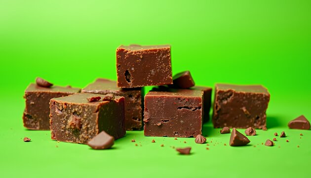 A delectable stack of rich, dark chocolate fudge cubes, isolated against a vibrant green screen background.  The smooth, creamy texture is emphasized in this close-up studio shot, showcasing the irres
