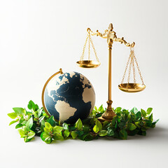 Golden scales of justice with a globe and green leaves, symbolizing environmental, social, and governance (ESG) principles and global sustainability.
