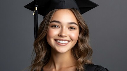 Graduation portrait of a young woman in cap and gown against a neutral background
