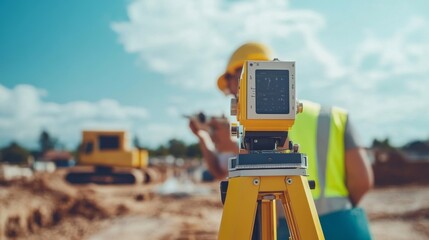A close-up of a surveyor with a theodolite, with a construction site in the background, Surveying scene
