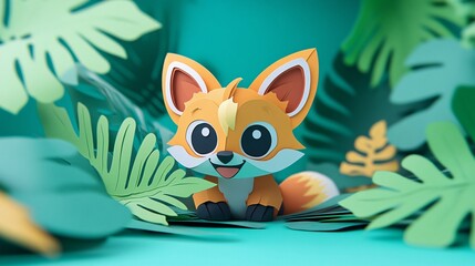 Cute paper fox character surrounded by tropical foliage in a vibrant setting