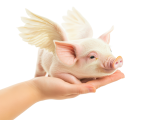 Isolated Piglet with Wings in a Hand