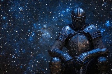 Dark armored knight sitting in a cosmic setting under a starry sky at night