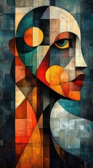Abstract Geometric Portrait of a Woman Featuring a Vibrant Blend of Colors and Shapes in a Modern Cubist Style on a Textured Background