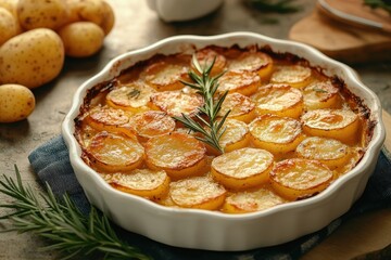 Layers of golden roasted potatoes adorned with fresh herbs create a comforting culinary delight in a rustic kitchen setting