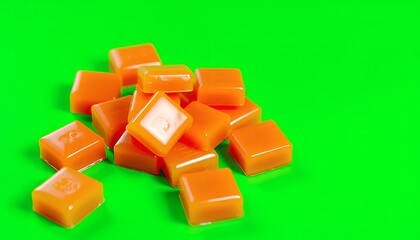 Obraz premium Close-up of a pile of vibrant orange caramel candies isolated on a green screen background. The candies are square-shaped, shiny, and have a creamy texture. The image is a studio shot with professiona