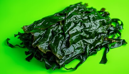 Fototapeta premium Close-up of a pile of dark green kelp leaves, isolated on a vibrant green background. This high-resolution studio shot showcases the texture and vibrant color of the seaweed, ideal for culinary or nut