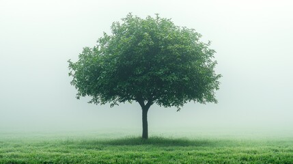Fototapeta premium Solitary Tree in Misty Meadow: A Serene Landscape