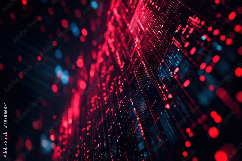 Poster digital abstract art displaying vibrant red and blue data patterns in a futuristic setting