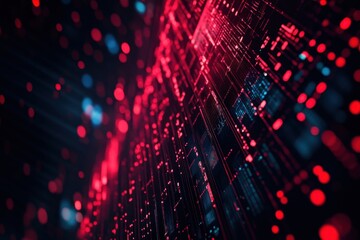Digital abstract art displaying vibrant red and blue data patterns in a futuristic setting