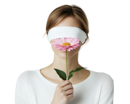 Isolated Woman with Blindfold and Pink Flower