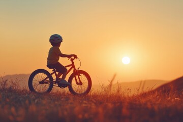 Obraz premium A silhouette of a child riding a bicycle on a grassy field during sunset, with the sun setting in the background