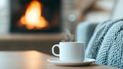 A cozy living room with a warm fireplace in the background, featuring a steaming cup of coffee on a wooden table and a textured blanket on an armchair.