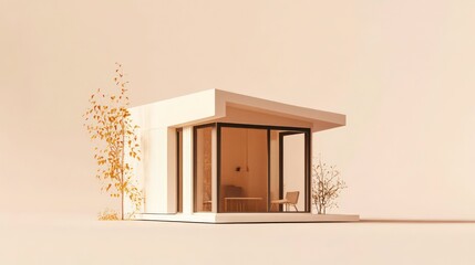 Minimalist modern white house with large windows and autumn plants.