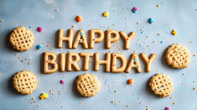 Top view of Happy Birthday letters written with cookies and cream on a bright grey - blue background with crackers around it