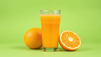 Glass of fresh orange juice with oranges on a green background.  A vibrant and juicy image, perfect for promoting healthy eating and refreshing drinks. Isolated studio shot, ideal for commercial use a