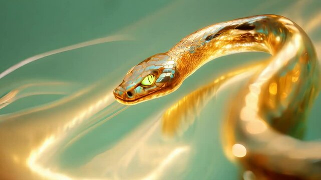 Golden snake with green eyes moves effortlessly, reflecting light in vibrant hues. Smooth scales shimmer at green background. Lunar New Year symbol