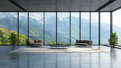 Minimalistic modern interior with scenic mountain view during daytime