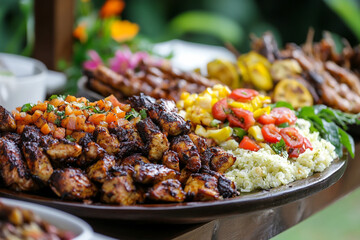 Grilled Jamaican dishes with rice, plantains, and colorful vegetable sides