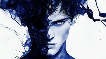 Fototapeta premium Intriguing Portrait of a Male Figure with an Abstract Dark Fluid Design Representing Inner Turmoil and Emotions in Blue and Black Tones