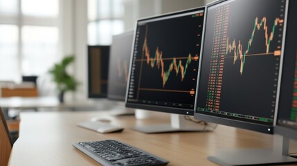 A man is surrounded by multiple screens displaying stock market graphs, indicating a busy trading or financial analysis environment.