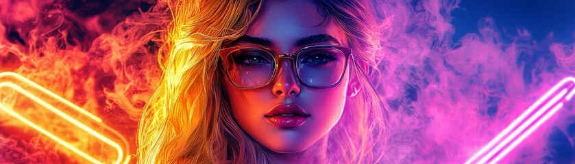 Obraz premium Vibrant Portrait of a Young Woman with Glasses Surrounded by Neon Lights and Colorful Smoke in a Futuristic Setting