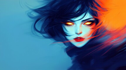 Fototapeta premium Mysterious Portrait of a Woman with Fiery Eyes and Flowing Hair Illustrating Emotion and Intrigue Against a Cool Background