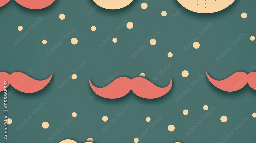 Poster Teal background with repeating red mustaches and beige dots.