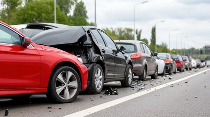 Traffic Accident Involving Multiple Cars on Highway with Damaged Vehicles and Debris on the Roadside