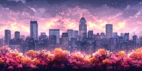 Obraz premium A Breathtaking Cityscape at Dusk: Illuminating Skyscrapers Tower Above Vibrant Autumn Trees Under a Starry Twilight Sky in a Bustling Urban Landscape