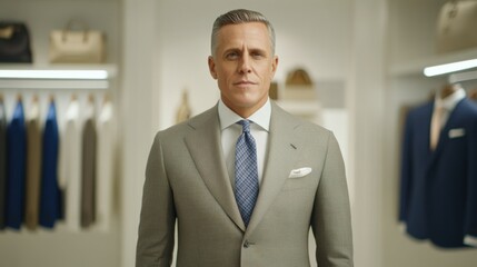 Naklejka premium A well-dressed man in a gray suit stands confidently in a high-end fashion store surrounded by elegant clothing and accessories.