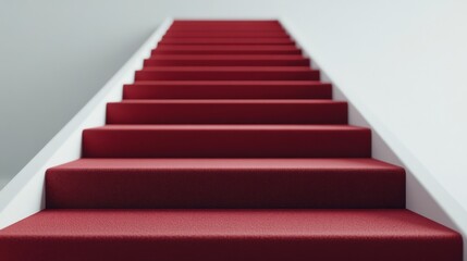 A dramatic view of maroon steps leading upwards, with an elegant minimalist design. The lighting adds depth to the luxurious carpeted staircase.