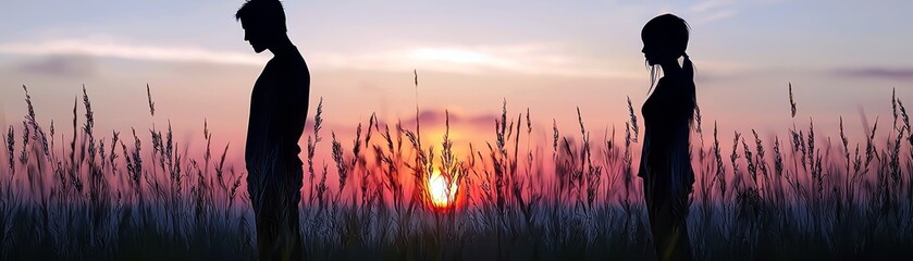 Fototapeta premium Romantic Sunset Silhouette of Couple in Field, Emotional Distance, Contemplation, Nature, Relationship Conflict, Warm Colors, Twilight Scene, Peaceful Atmosphere