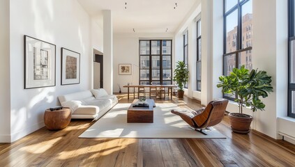 Fototapeta premium Modern Minimalist Living Room with Large Windows and Wooden Floor
