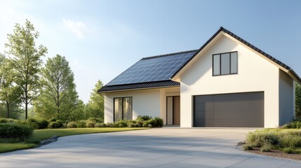 Modern house with solar panels on the roof against a clear blue sky, surrounded by lush greenery. It showcases sustainable living and technology.