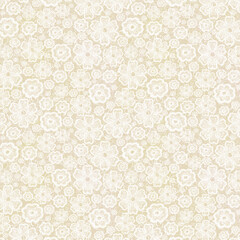 Light beige lace-style floral texture with hand-drawn white blossoms. Soft elegant seamless pattern ideal for wedding stationery and vintage backgrounds.
