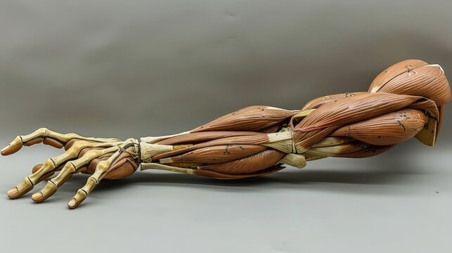 Anatomical cross section of a human arm highlighting muscles, veins, and structural details