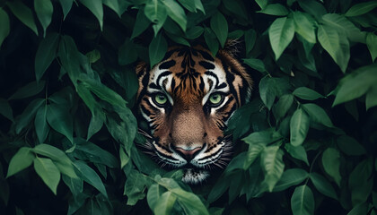 Image of dangerous wild tiger with striped fur and green eyes hiding in green foliage and looking at camera during hunt