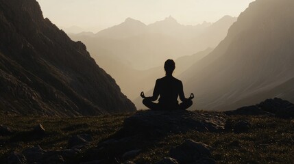 Fototapeta premium On a mountainside at sunset, a silhouette of a person sits in a meditative pose, surrounded by majestic mountain ranges. This serene moment captures peaceful reflection in nature