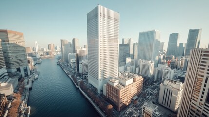 Obraz premium A breathtaking cityscape featuring modern skyscrapers along a river under a clear blue sky, captured in cinematic 8K with natural lighting.