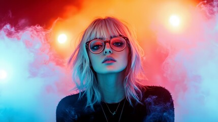 Obraz premium Young woman with glasses in foggy atmosphere, colorful lighting in background creating an artistic and vibrant portrait with stylish appearance