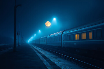 Naklejka premium Night train glows softly under the moonlight at a quiet station