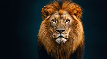 Naklejka premium Majestic male lion with a thick, golden mane, staring intensely at the camera against a dark background.