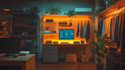 Smart home control center with ambient lighting in a modern workspace