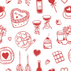 Seamless pattern with food and drinks for romantic dinner