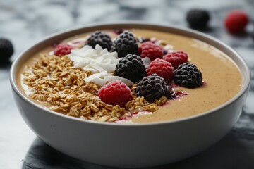 A vibrant smoothie bowl showcases a creamy base adorned with raspberries, blackberries, granola, and coconut flakes, perfect for a healthy breakfast or snack