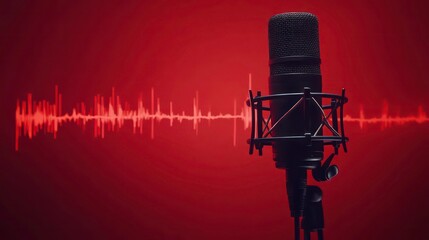 Studio condenser microphone with sound waves on red background.