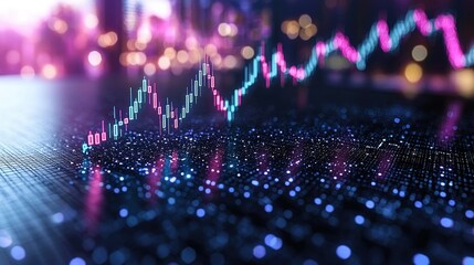 Abstract Stock Market Data Visualization: Candlestick Chart on Glowing Surface